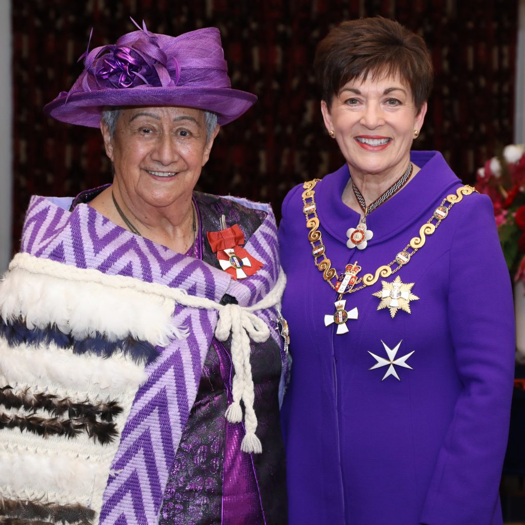 Dame Aroha Reriti-Crofts at her Investiture ceremony with the Governor General Dame Patsy Reddy