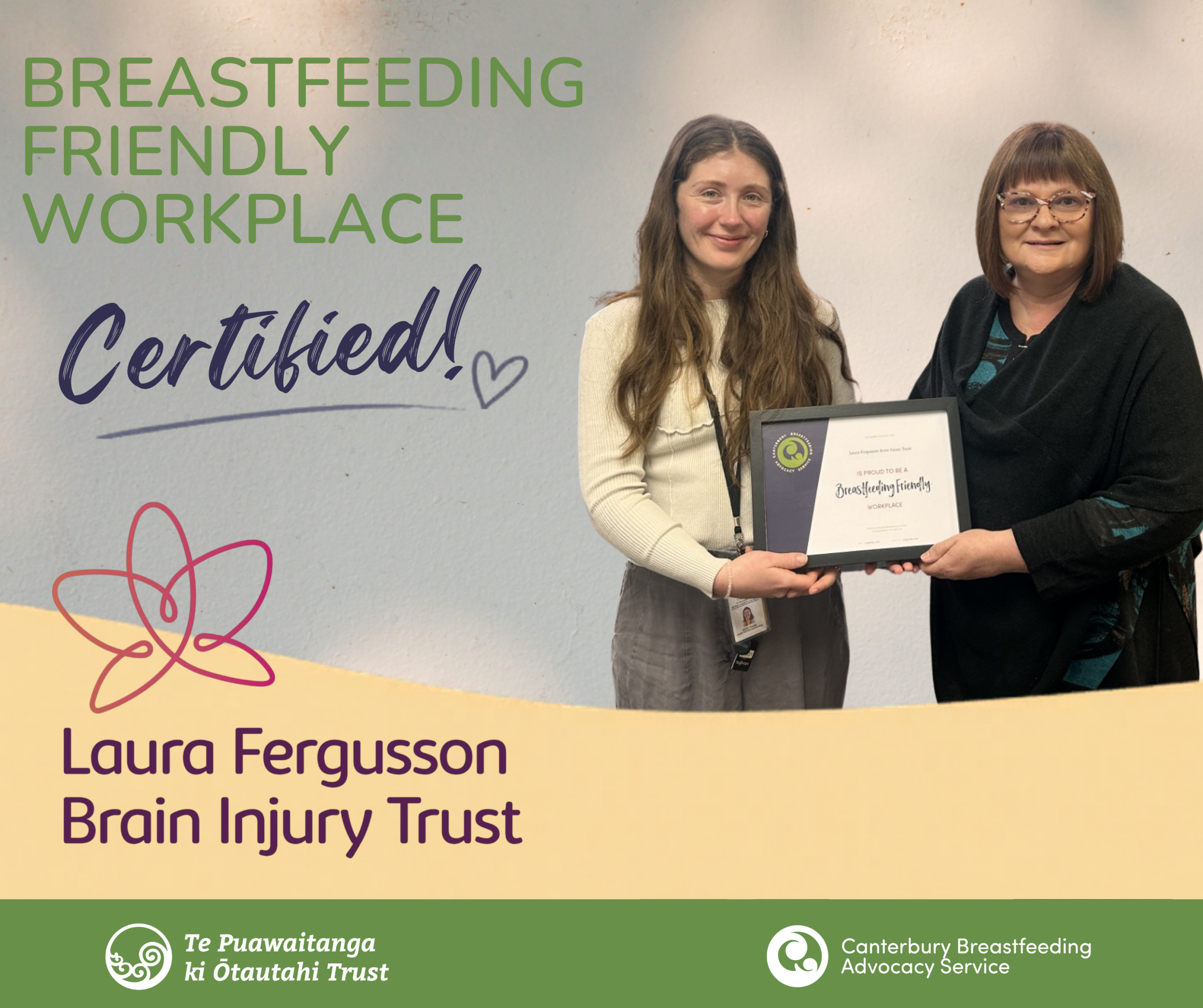 Laura Fergussion Brain Injury Trust re-certify as a Breastfeeding Friendly Workplace!